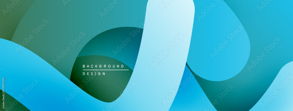 Poster abstract fluid shapes overlap, creating dynamic teal, blue gradients. minimalist design suitable for