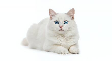Fluffy White Cat with Blue Eyes Lying on White Background Isolated by White Screen Animal Portrait Feline Domestic Pet Studio Shot