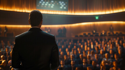 Fototapeta premium Male Speaker Addressing Diverse Audience at Corporate Shareholder Meeting.