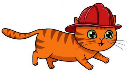Cartoon Orange Tabby Cat Wearing a Red Firemans Hat Isolated on White Background Digital Illustration