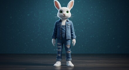 Anthropomorphic White Rabbit with Emerald Eyes in Denim Overalls and Jacket with White Sneakers on Mottled Dark Teal Background