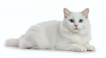 Fluffy White Cat with Captivating Blue Eyes Lying Down Isolated on a Clean White Background Detailed Portrait of a Beautiful Pedigree Pet in Studio Setting