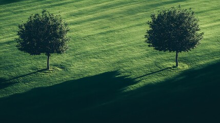 Dark green grass and trees in quiet field under bright sunlight during early summer, offering peaceful nature background to represent oxygen-rich space and environmental comfort