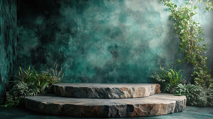 Earthy aesthetic with dark green backdrop and rugged stone podium for a natural and textured display