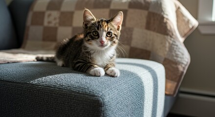 Calico Kitten with Amber Eyes on Gray Blue Ottoman with Pastel Patchwork Quilt in Natural Light Creates a Cozy Indoor Scene