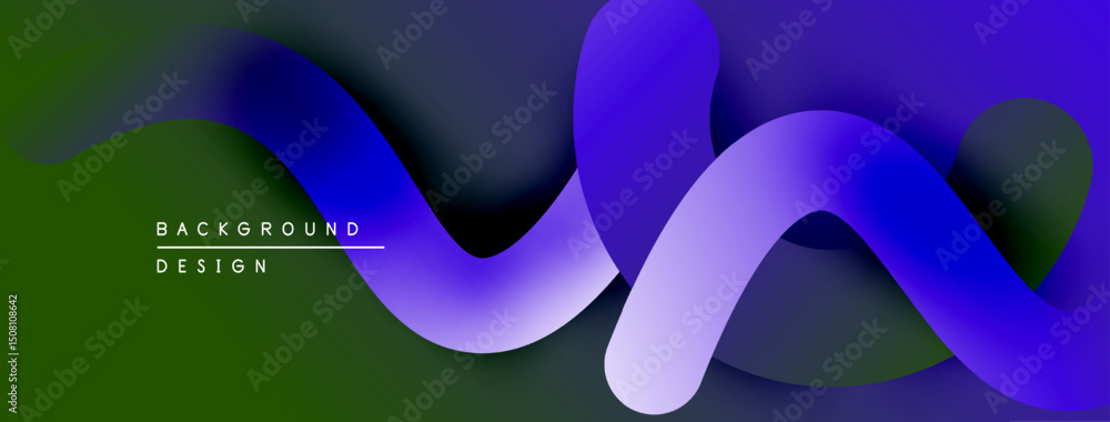 Poster Abstract fluid shapes, vibrant gradients. Modern design, smooth curves create dynamic visual effect. Purple, green hues dominate composition.