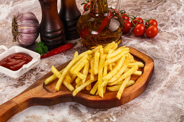 Golden French fries potato with sauce