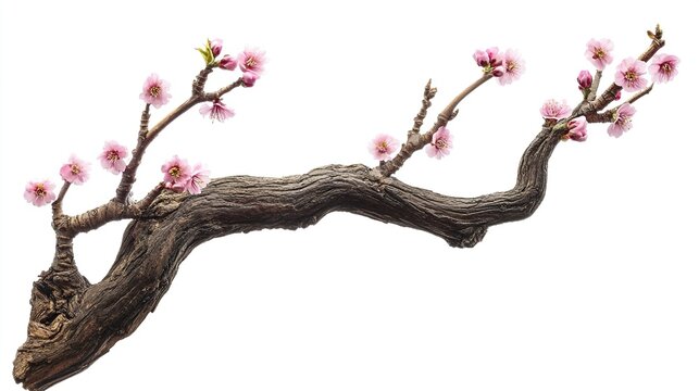 A  curved, dark brown branch with delicate pink blossoms