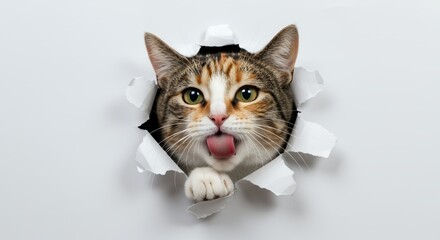 Calico Cat Head Licking Nose Emerging From Torn White Paper in Studio Isolated Close Up Animal Portrait Playful and Cute