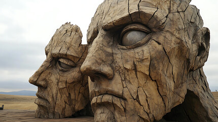 Fototapeta premium Giant cracked stone statues with hollow eyes and scorched features 