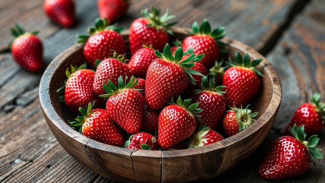 A wooden bowl overflowing with ripe red strawberries on a rustic wooden surface in soft lighting