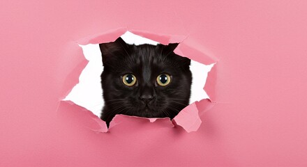 Black Cat Peeking Through Ripped Pink Paper Against White Backdrop Captivating Golden Eyes Isolated
