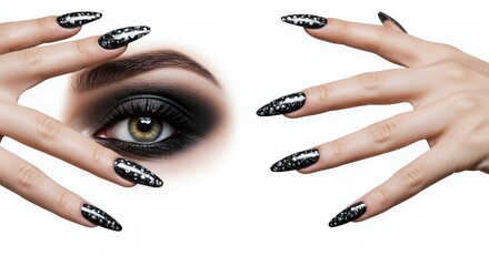 Dramatic Eye Makeup with Black Eyeshadow and Stiletto Nails Featuring Black and Silver Spotted Design Isolated on White Background For Beauty Advertisement