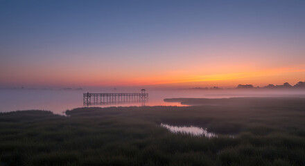 Serene Sunrise Over Misty Marsh with Wooden Pier Peaceful Dawn Landscape Photography