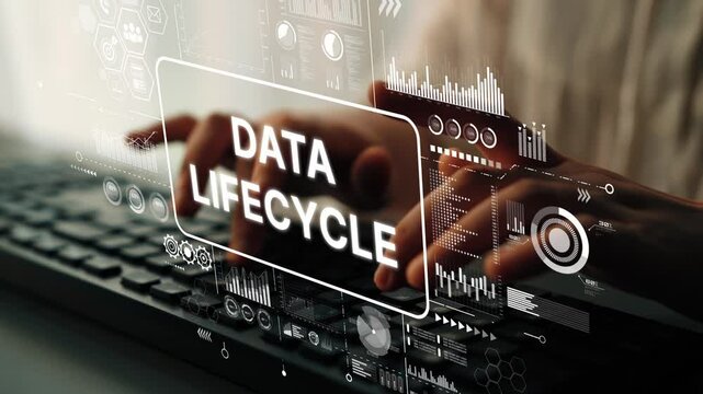 Data Lifecycle Concept with Hands Typing on Keyboard and Digital Interface Visuals Representing Data Management and Processing. Asymptotic smart data analytic.