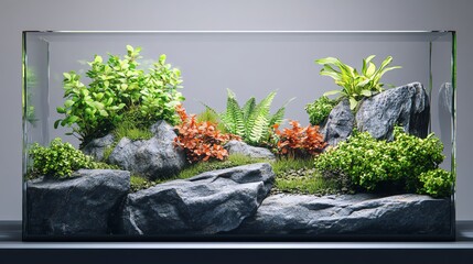 Stylish terrarium with aquatic plants and decorative stones, minimalist design