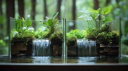 Terrarium featuring aquatic plants and tiny waterfalls, serene and lush
