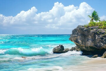 Naklejka premium Ocean waves crashing on a sandy beach with rocks