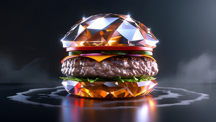A burger in the middle between two diamonds.