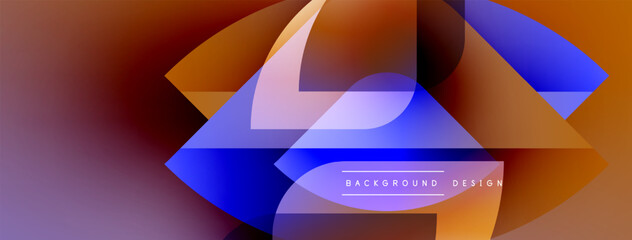 Abstract design features layered shapes, vibrant colors. Gradient blends orange, blue, purple hues. Modern aesthetic, dynamic composition.