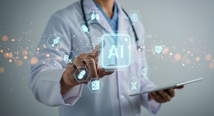 Doctor Using Tablet and Interacting with Virtual AI Icon – Healthcare Technology and Medical Innovation Concept