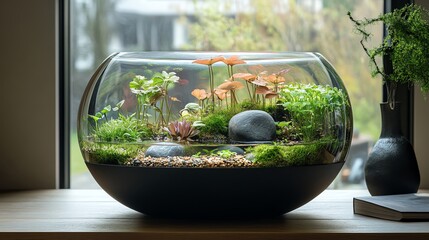 Terrarium with a mix of aquatic plants and small stones, calm and elegant