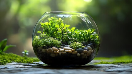Terrarium with a mix of aquatic plants and small stones, calm and elegant