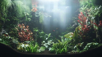 Terrarium with a variety of aquatic plants and a foggy atmosphere, mysterious and lush