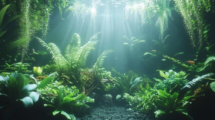Terrarium with a variety of aquatic plants and a foggy atmosphere, mysterious and lush