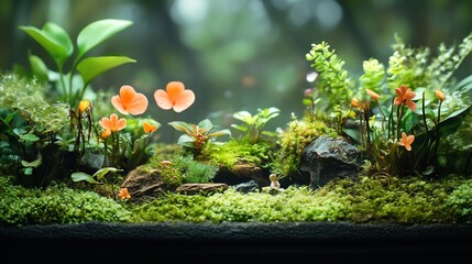 Terrarium with aquatic plants, moss, and tiny figurines, whimsical and lush