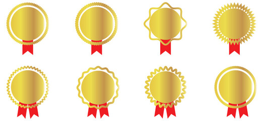  Vintage labels. Badge check icon. Verify icon stamp. Star shape. Gold, silver and bronze medals with ribbon set vector illustration. Realistic isolated trophy and medal collection