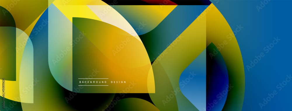 Poster Abstract colorful shapes overlap creating dynamic visual effect. Gradient hues blend smoothly, forming modern design element.