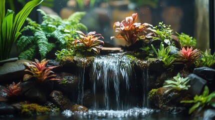 Terrarium with exotic aquatic plants and a miniature waterfall, tranquil and lush