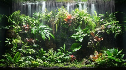Terrarium with tropical aquatic plants and a misting system, lush and green