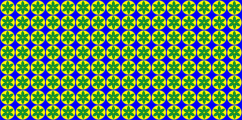 A mesmerizing pattern of six-petaled flowers in green and yellow, set against a deep blue grid. Repetition and symmetry create visual rhythm and balance.