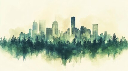 Obraz premium Watercolor City Skyline Emerging from Forest, Green and Beige Tones