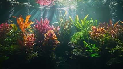 Underwater garden in an aquarium with a variety of aquatic plants and driftwood