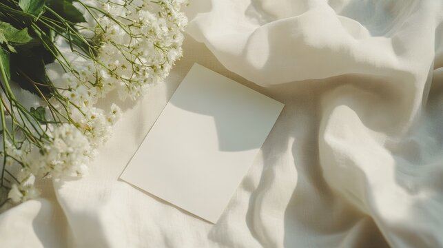 Blank white square notes elegantly placed beside a beautiful bouquet of fresh flowers, resting on soft linen fabric, creating a serene and delicate atmosphere perfect for writing heartfelt messages 