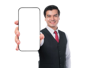 Smiling Asian businessman showing smartphone screen isolated on a transparent background, blank phone display for app presentation, advertising mockup, digital marketing or communication concept