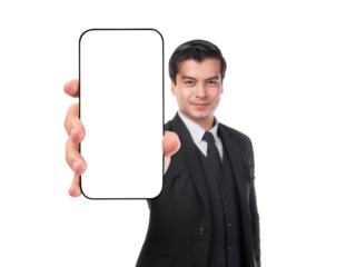 Confident businessman in black suit showing smartphone with blank screen towards camera, promoting app or digital content, isolated on a transparent background, close-up hand focus