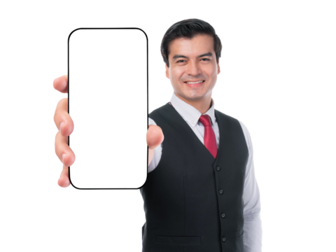 Smiling Asian businessman showing smartphone screen isolated on a transparent background, blank phone display for app presentation, advertising mockup, digital marketing or communication concept