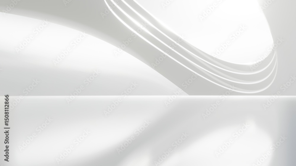 Fototapete Abstract wavy architecture space with empty concrete floor, Soft white sci-fi interior background, 3d rendering
