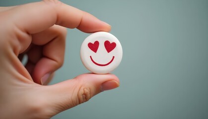 Hand holding a pill with a smiley face and heart eyes, symbolizing love and vitality.