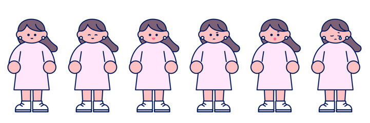シンプルポップな女性の全身イラスト/表情セット
