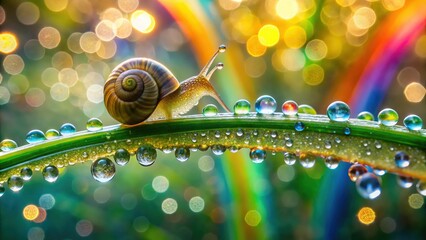 Rainbow Snail A Journey on Dew-Kissed Grass, A Macro Photography Masterpiece of Nature's Wonders