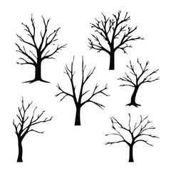 Obraz premium Bare tree silhouettes against a white background. Simple, stylized depictions of deciduous trees in various positions.