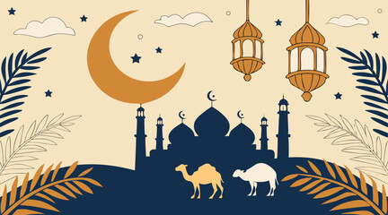 Islamic Festival Vector with Mosque, Camels, and Crescent Moon