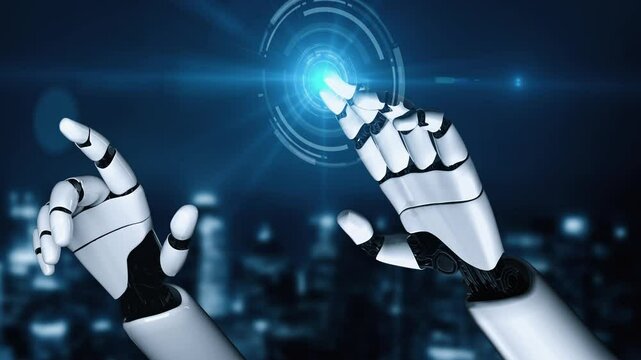 Futuristic robot artificial intelligence enlightening AI technology development and machine learning concept. Global robotic bionic science research for future of human life. 3D rendering graphic.