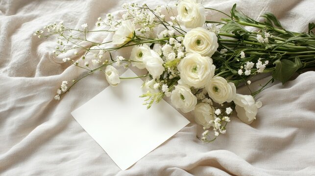 Blank white square notes elegantly placed beside a beautiful bouquet of fresh flowers, resting on soft linen fabric, creating a serene and delicate atmosphere perfect for writing heartfelt messages 