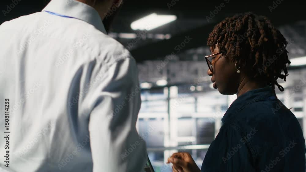 Poster server farm manager overseeing work done by engineer reviewing neural network code and llm visualiza